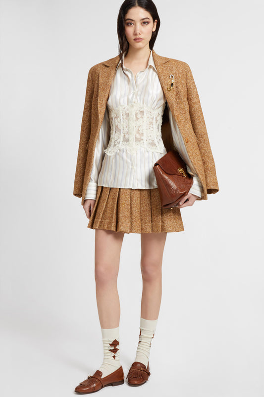 Wool blend pleated mini skirt with herringbone pattern