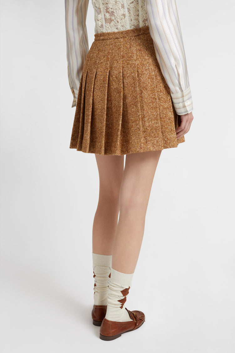 Wool blend pleated mini skirt with herringbone pattern