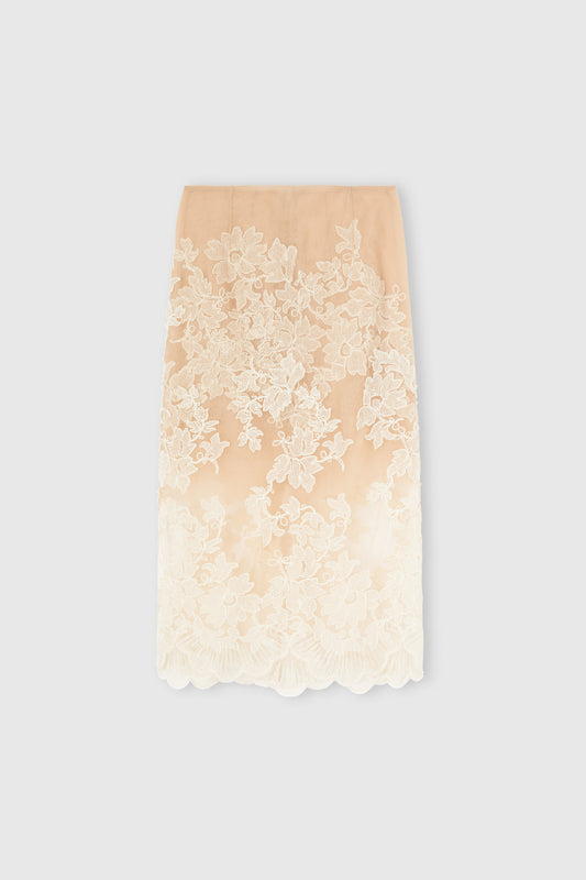 Sheath skirt in tulle and fine floral lace