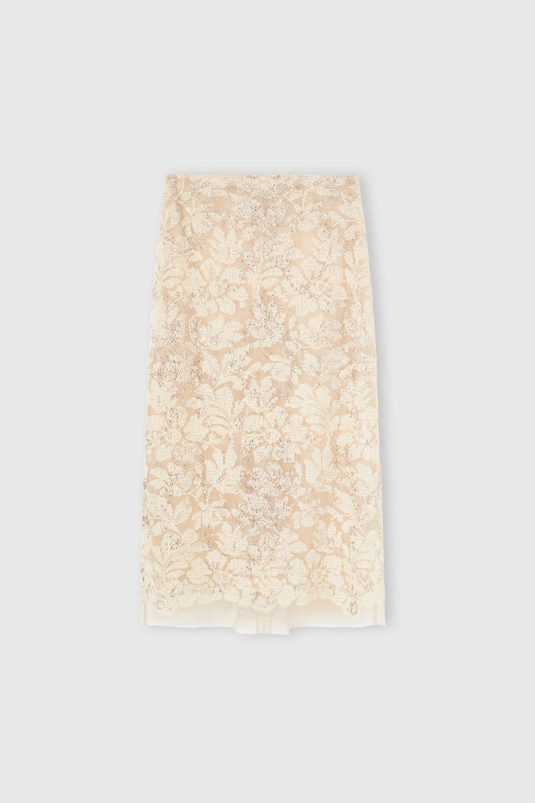 Sheath skirt in fine floral lace with hand-applied crystals