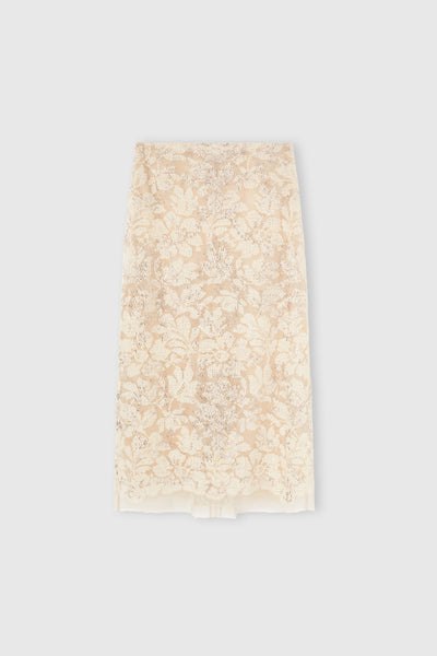 Sheath skirt in fine floral lace with hand-applied crystals