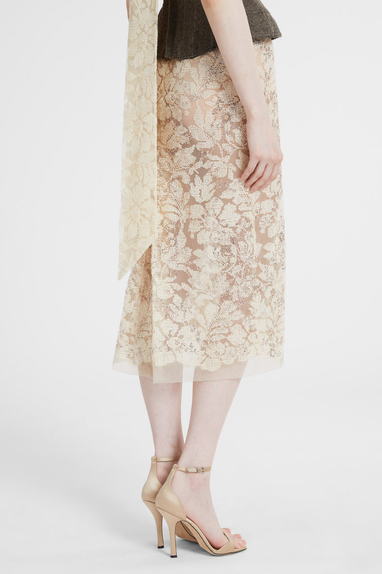 Sheath skirt in fine floral lace with hand-applied crystals