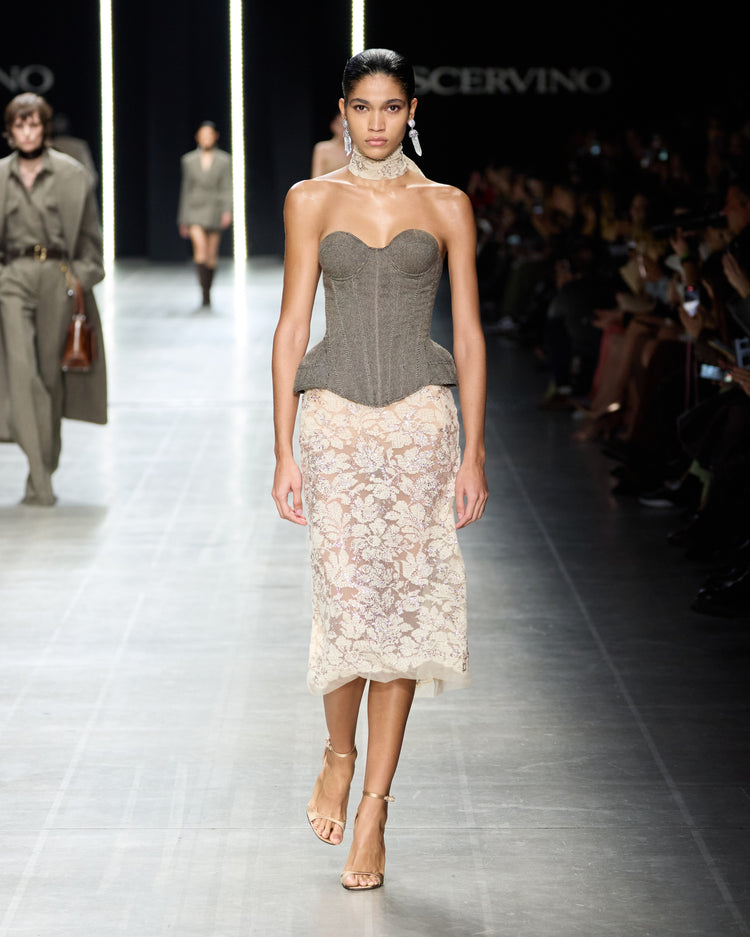 Sheath skirt in fine floral lace with hand-applied crystals