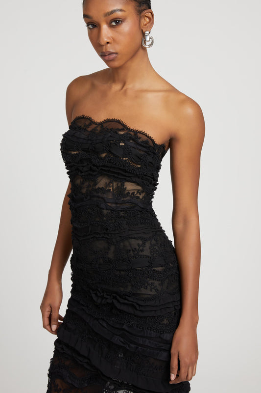 Patchwork bustier dress in lace and georgette
