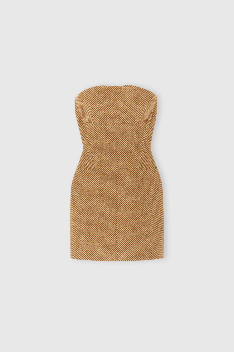 Short bustier dress in wool blend with herringbone pattern