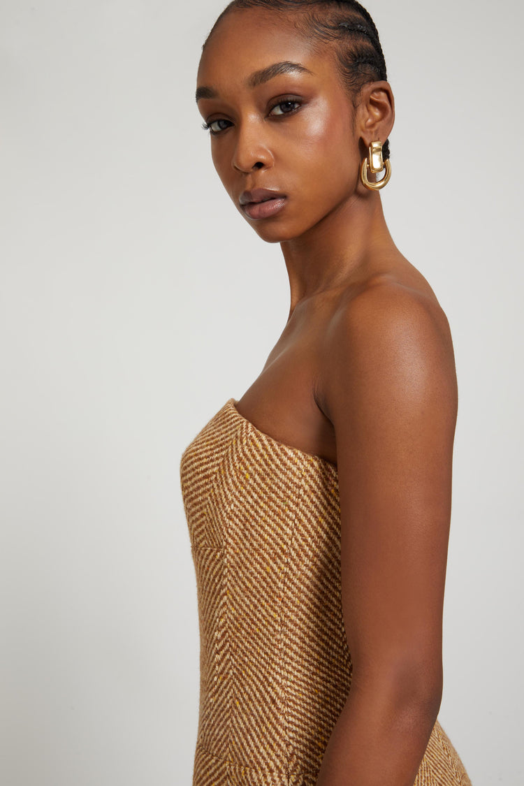 Short bustier dress in wool blend with herringbone pattern