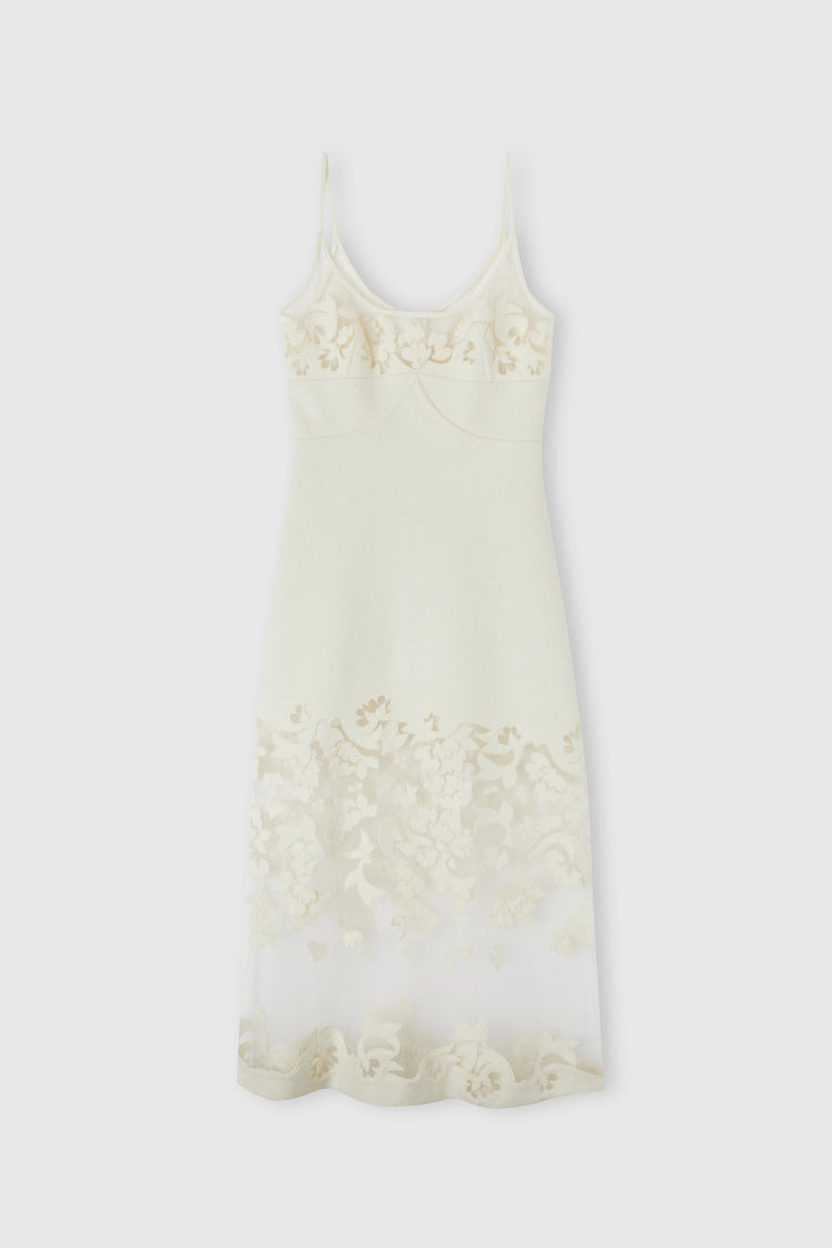Wool and silk blend lingerie midi dress with floral inlay