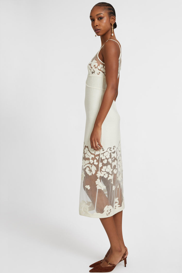 Wool and silk blend lingerie midi dress with floral inlay