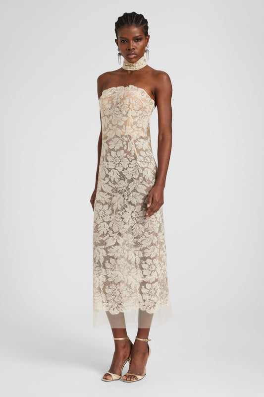 Abito bustier in pizzo e cristalli
