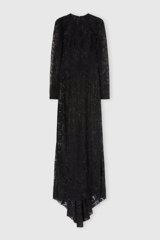 Abito lungo in pizzo con sciarpa coordinata e sottoveste in crepe