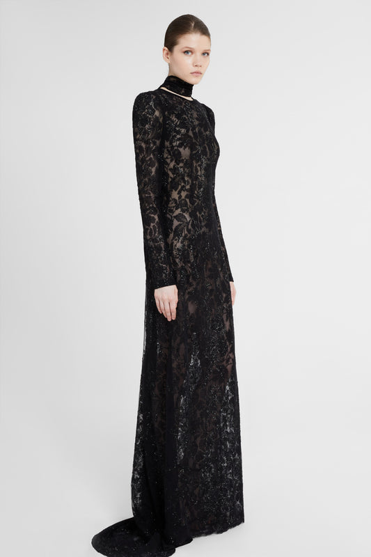 Long lace dress with matching scarf and crepe slip