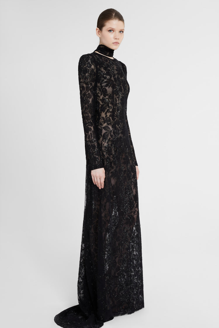 Long lace dress with matching scarf and crepe slip