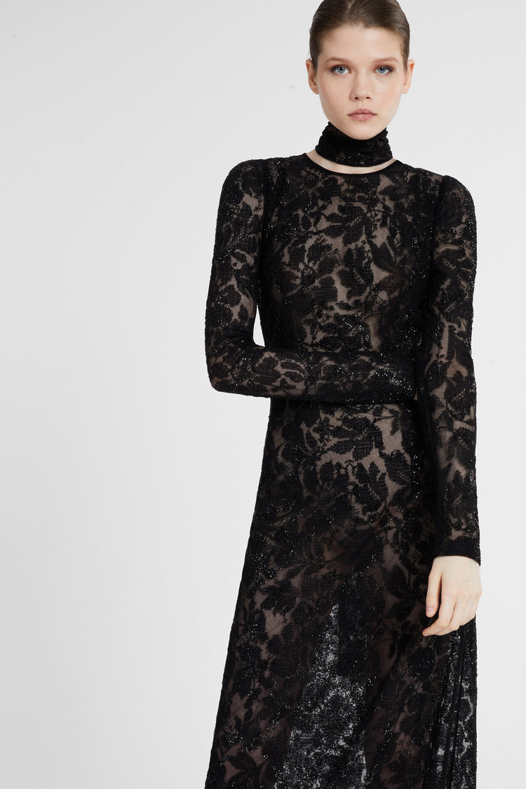 Long lace dress with matching scarf and crepe slip