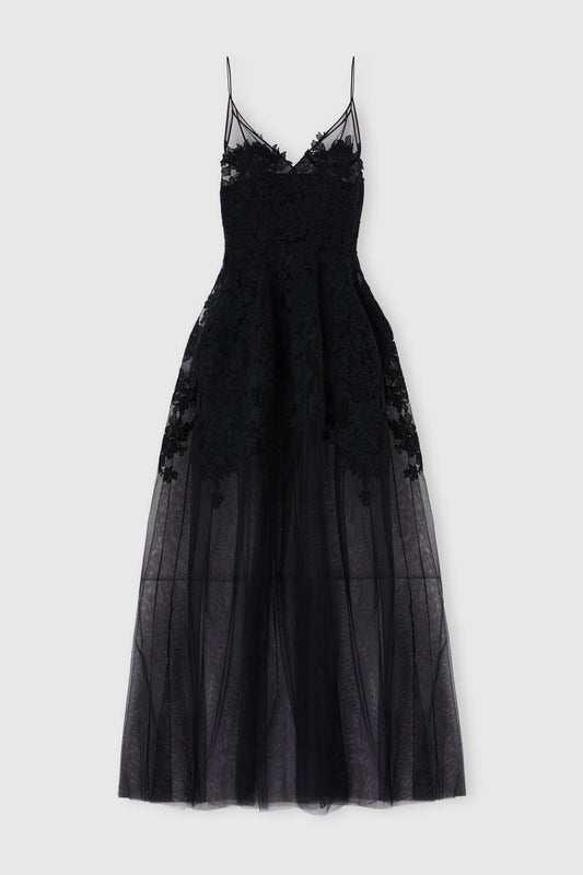 Bustier dress in tulle and rebrodé lace