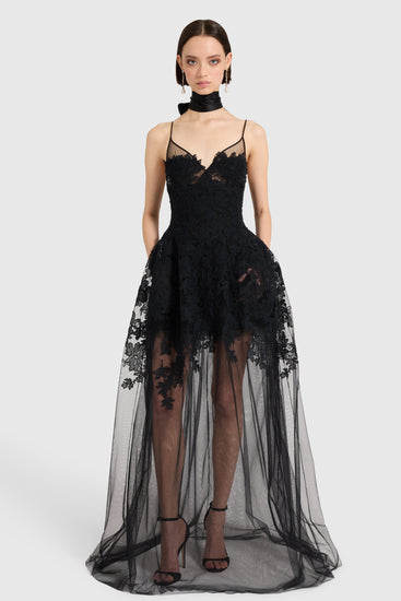 Bustier dress in tulle and rebrodé lace
