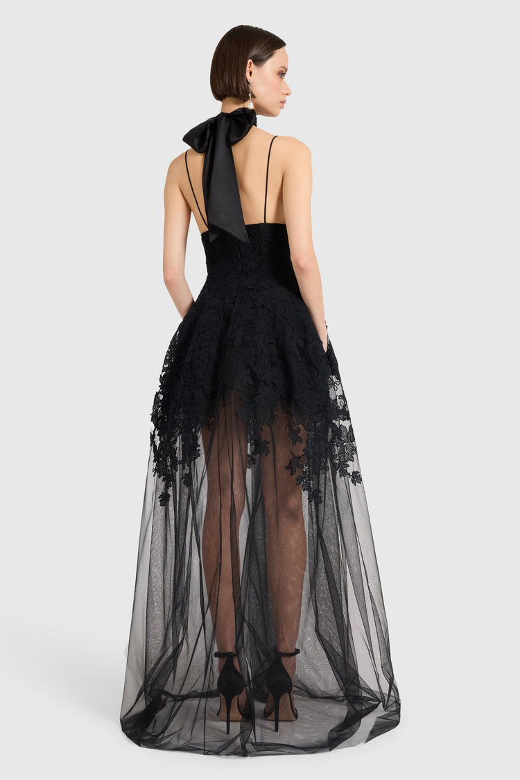 Bustier dress in tulle and rebrodé lace