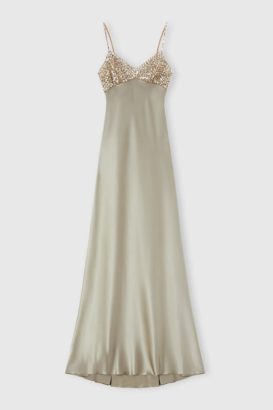 Abito lungo lingerie in satin di seta e paillettes
