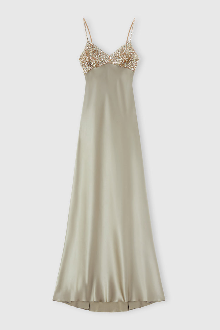 Abito lungo lingerie in satin di seta e paillettes