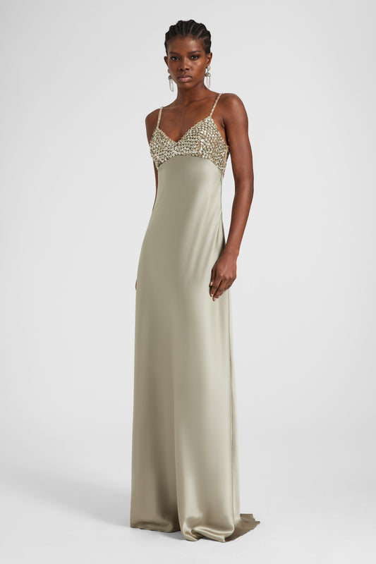 Abito lungo lingerie in satin di seta e paillettes