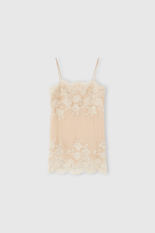 Abito corto in chiffon creponne con pizzo "piccolo punto"