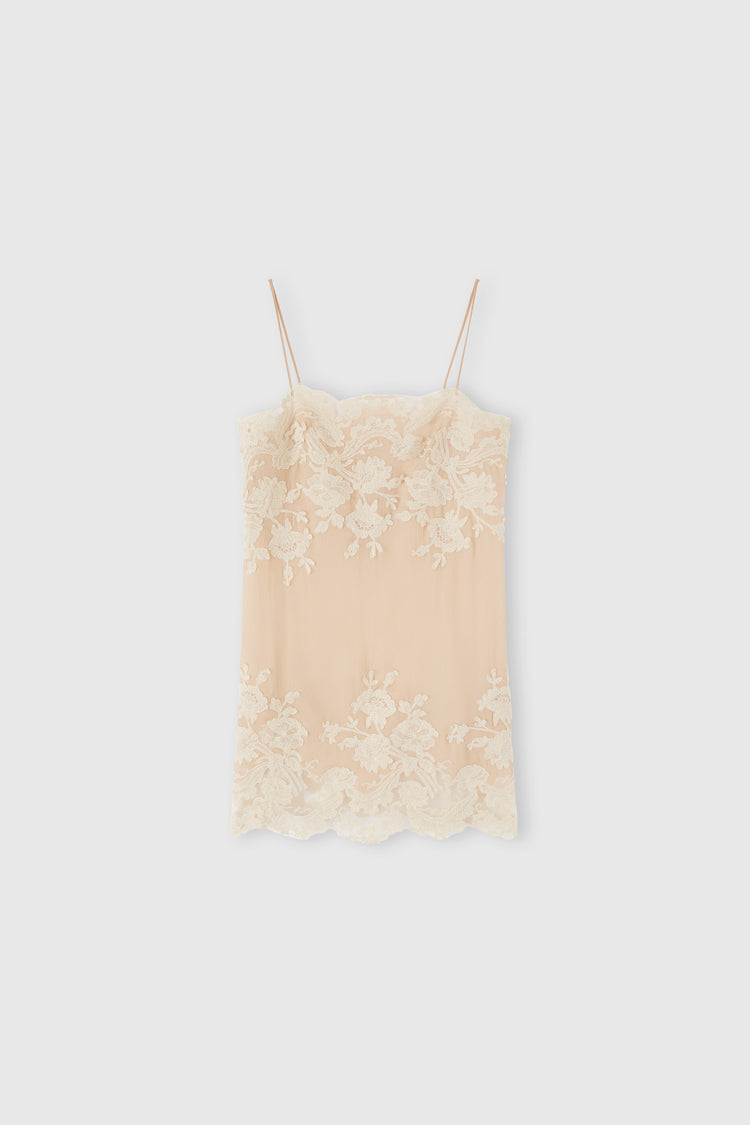 Abito corto in chiffon creponne con pizzo "piccolo punto"