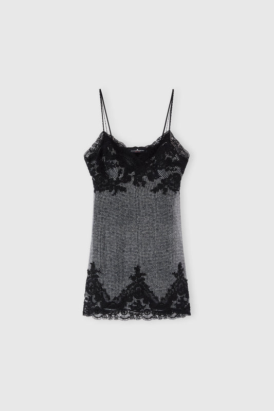 Abito lingerie in seta pied de poule con pizzo a contrasto