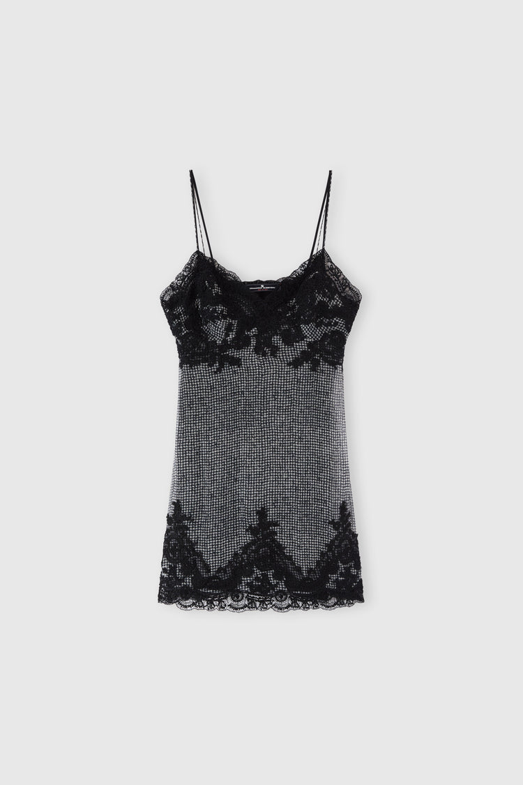 Abito lingerie in seta pied de poule con pizzo a contrasto