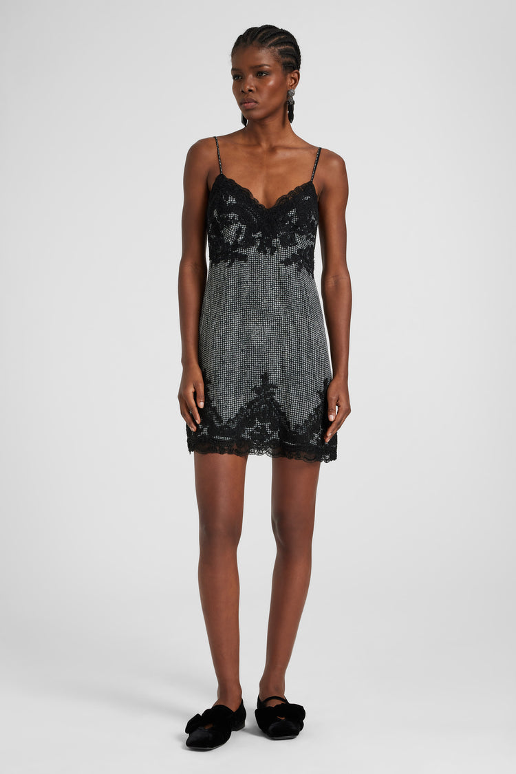 Abito lingerie in seta pied de poule con pizzo a contrasto