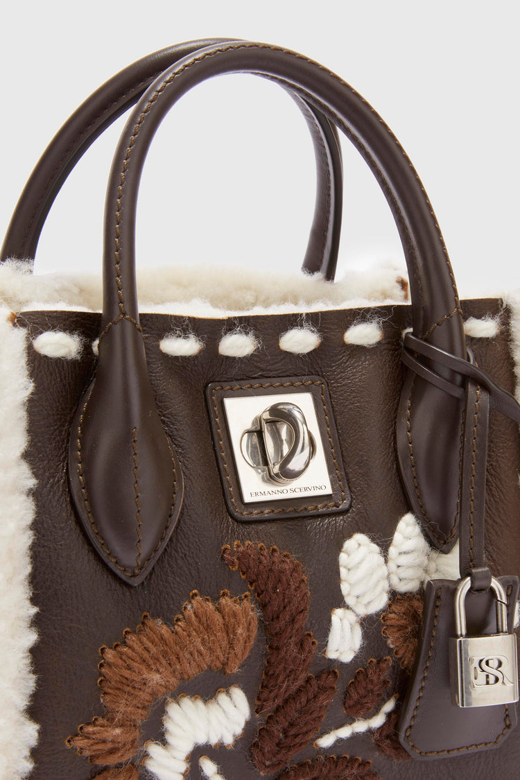 Mini Maggie in shearling with floral embroidery