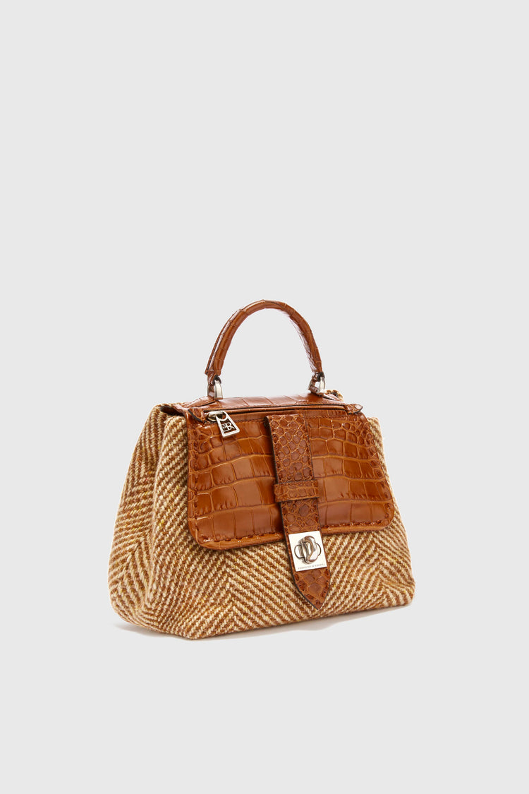 Liza bag in herringbone suede and crocodile-embossed leather