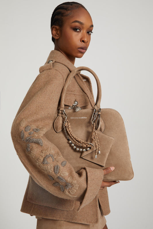 Orsetta large double handle bag in smooth taupe calfskin