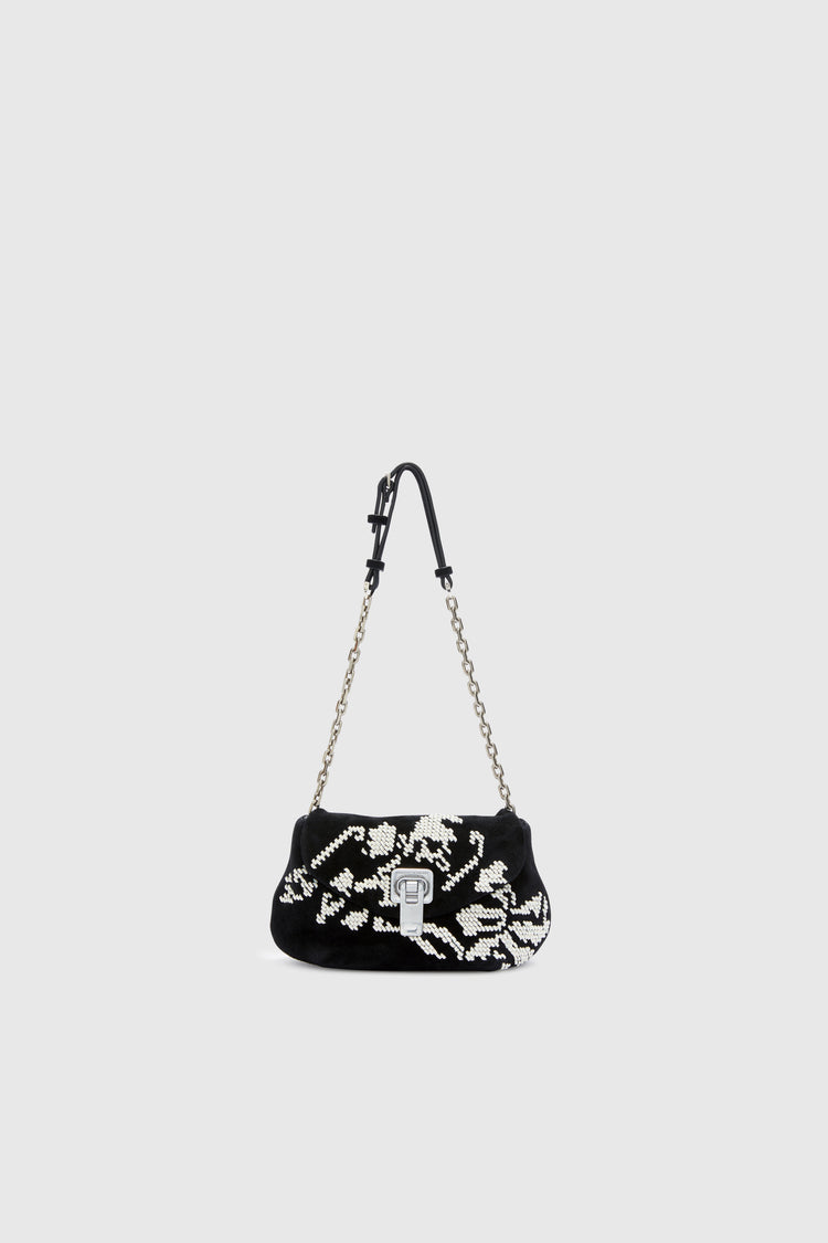 Mini Joy in suede with hand-embroidered leather ribbon