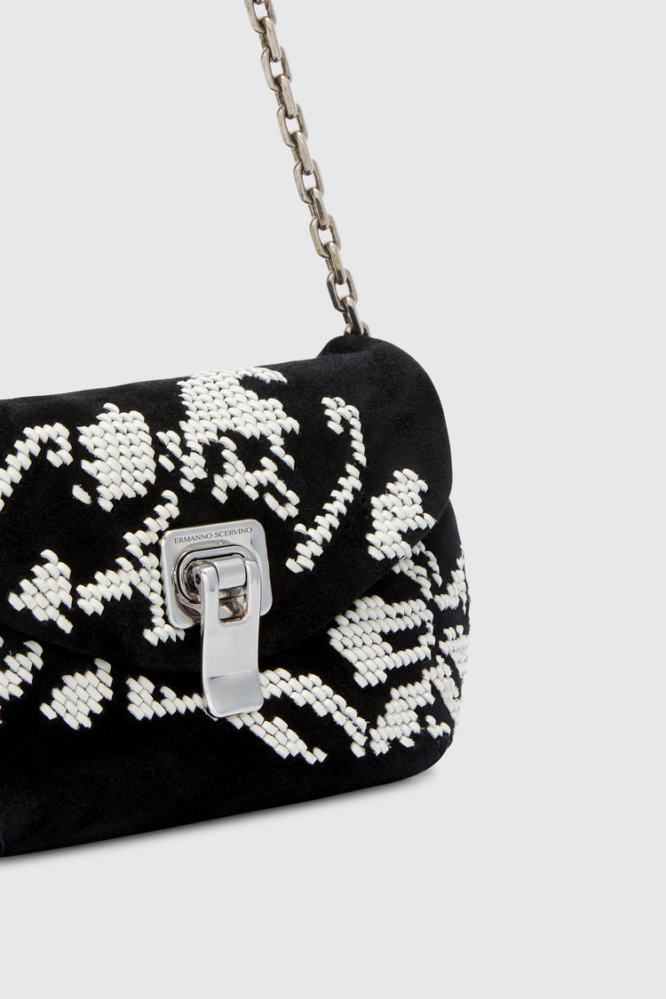 Mini Joy in suede with hand-embroidered leather ribbon