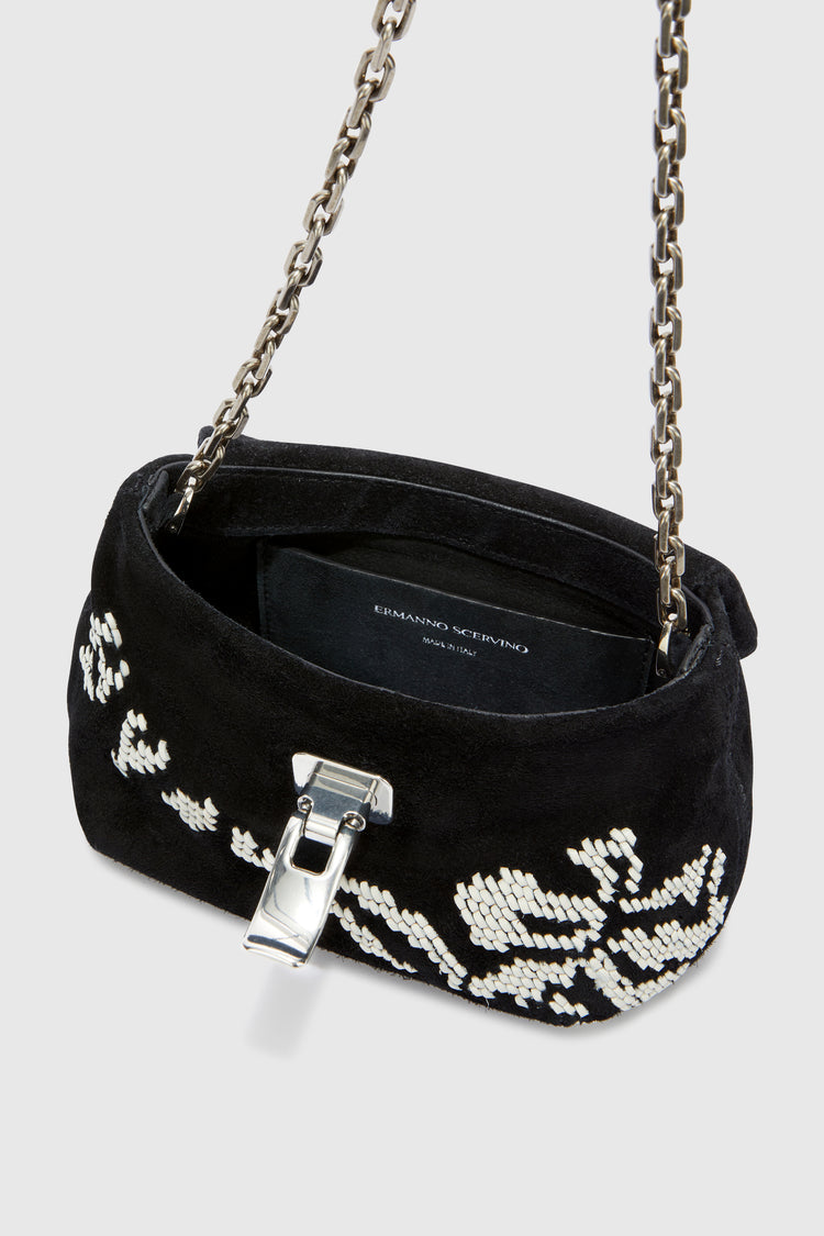 Mini Joy in suede with hand-embroidered leather ribbon