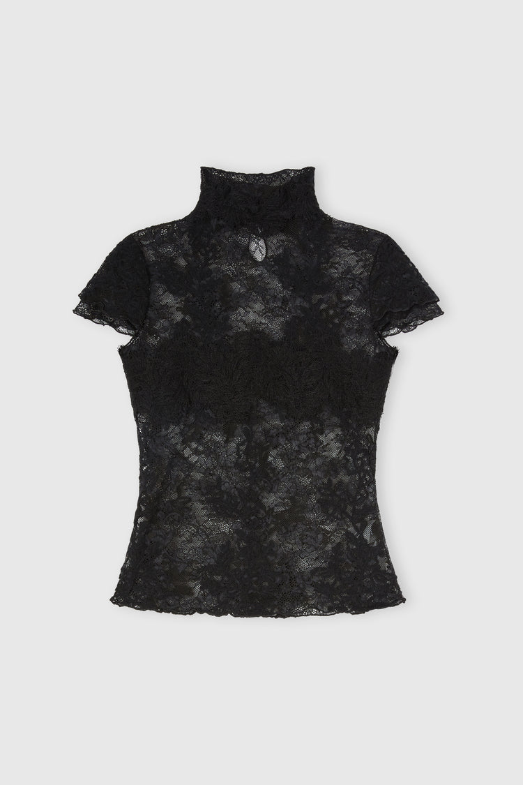 Top en dentelle florale stretch avec col montant