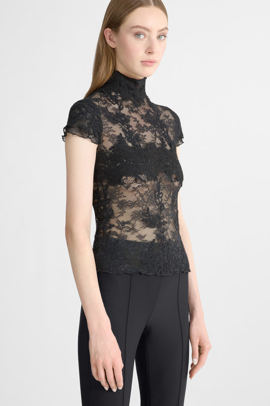Top en dentelle florale stretch avec col montant