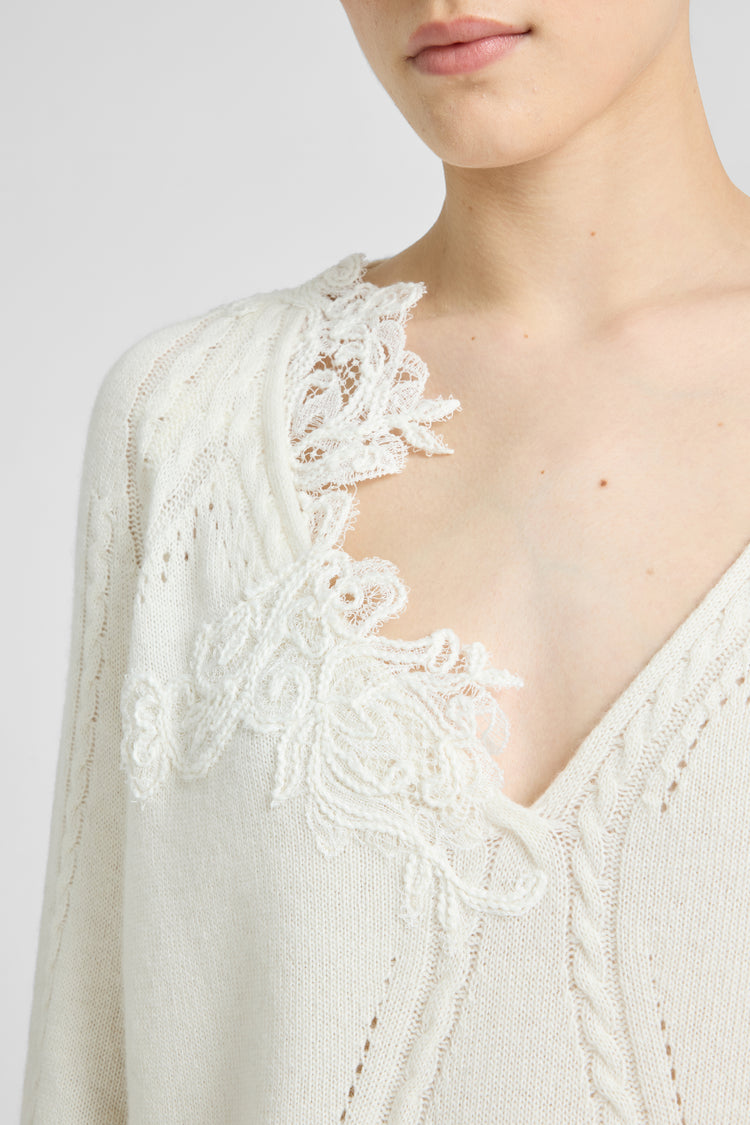 Pull oversize en laine et cachemire avec torsades et dentelle Cornely
