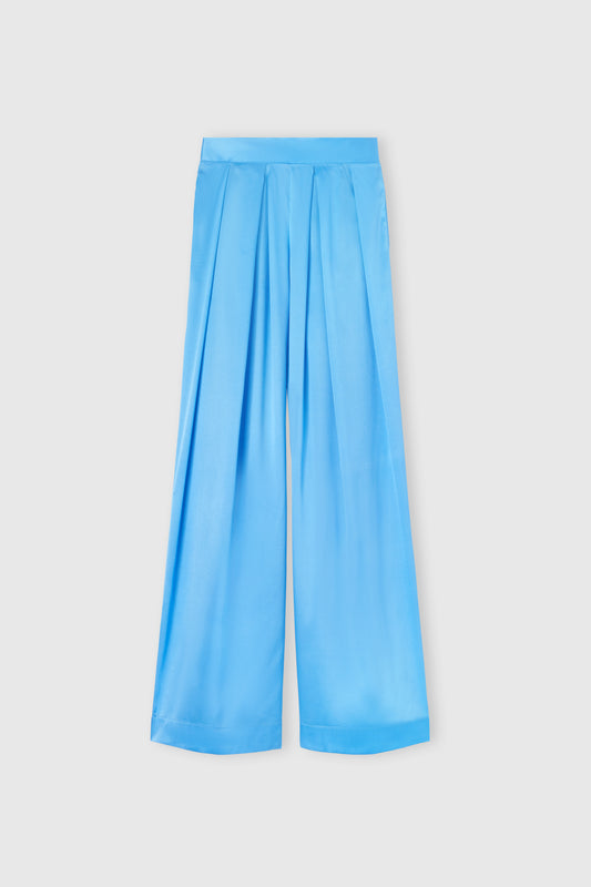 Pantalon palazzo en soie stretch avec ceinture en satin