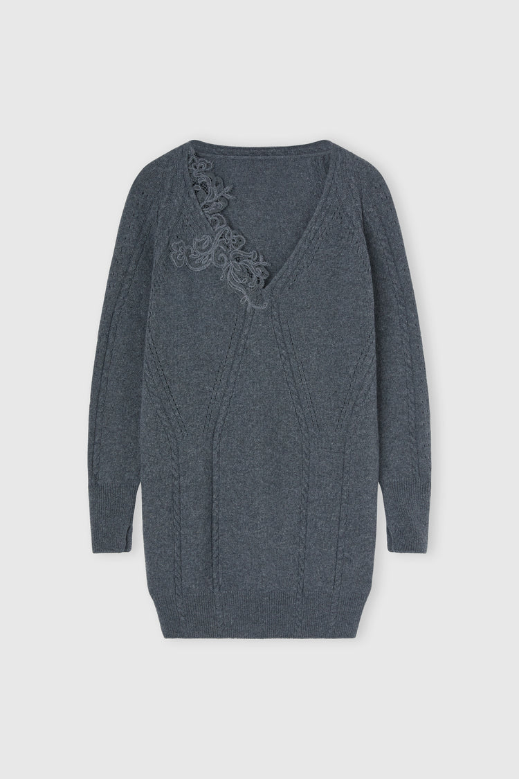 Pull-robe en laine et cachemire avec torsade et dentelle rebrodée en mohair