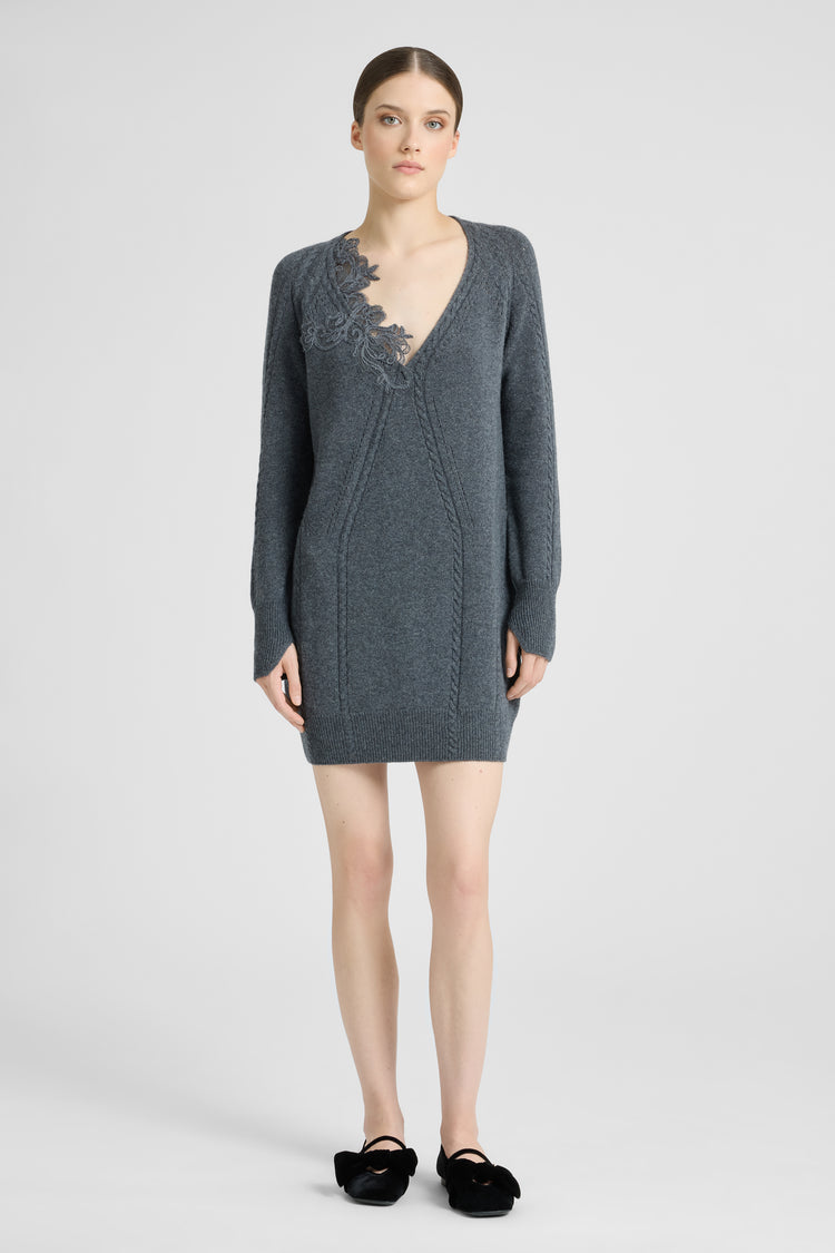 Pull-robe en laine et cachemire avec torsade et dentelle rebrodée en mohair