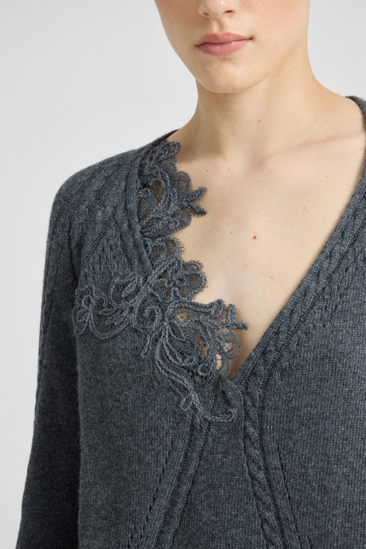 Pull-robe en laine et cachemire avec torsade et dentelle rebrodée en mohair