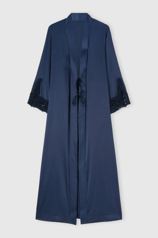 Stretch silk kimono with rebrode lace