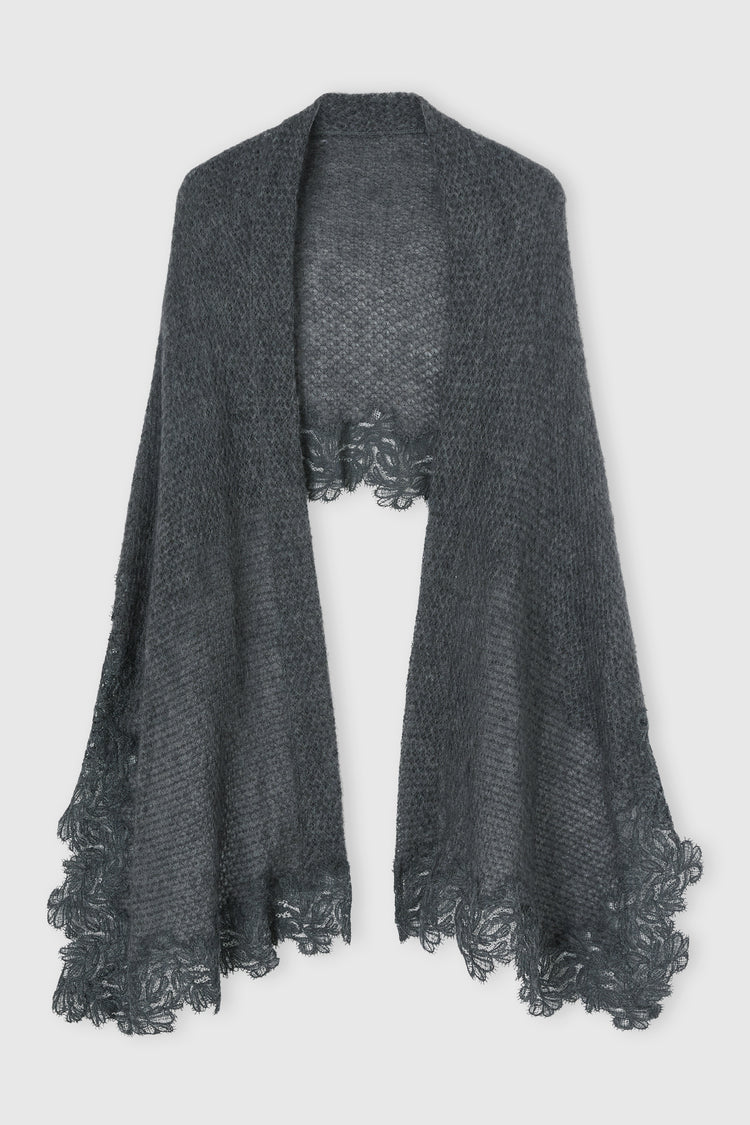 Châle en mélange laine et mohair effet pashmina avec dentelle rebrodée
