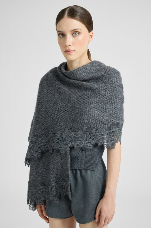 Châle en mélange laine et mohair effet pashmina avec dentelle rebrodée
