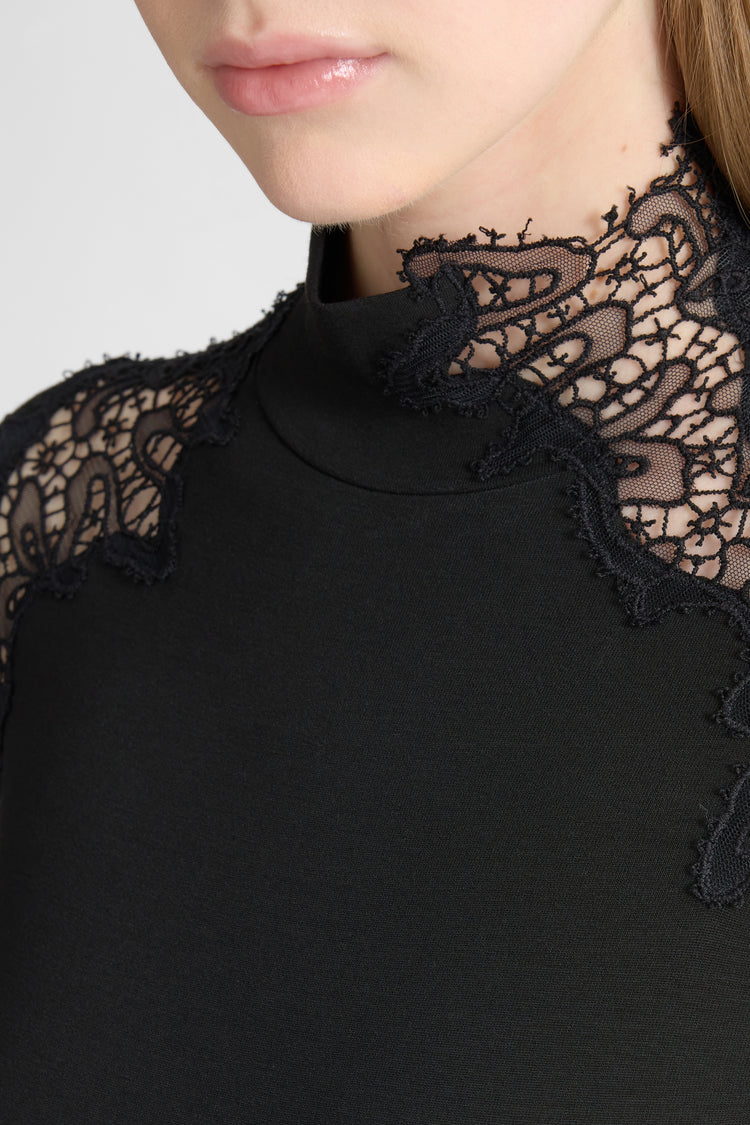 Body manches longues en jersey crêpe avec dentelle macramé