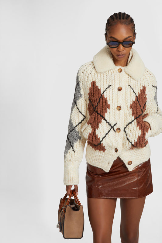 Alpaca and cashmere blend cardigan with braids and two-tone argyle motif