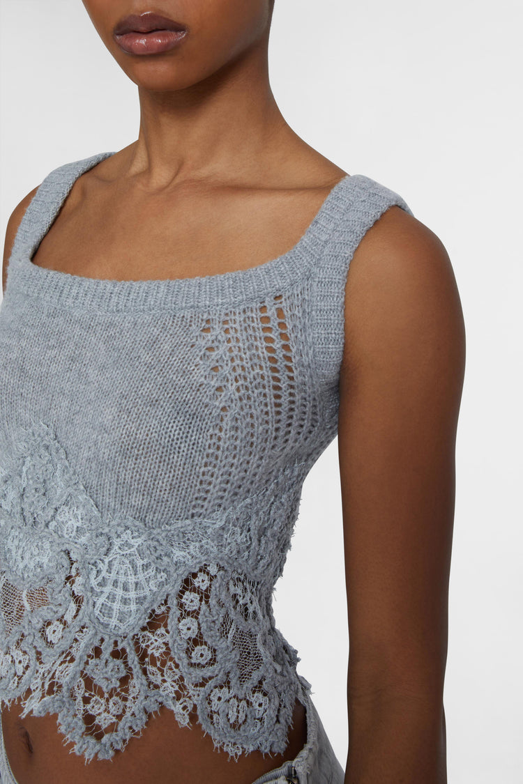 Pure cashmere top with rebrode lace and jour inserts
