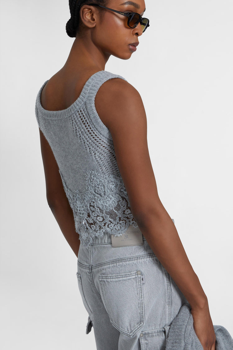 Pure cashmere top with rebrode lace and jour inserts