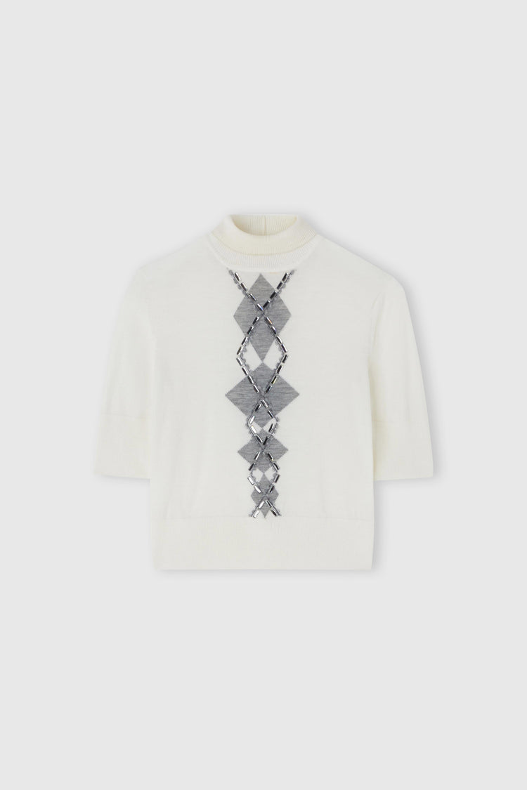 Merino wool top with argyle motif and baguette crystals