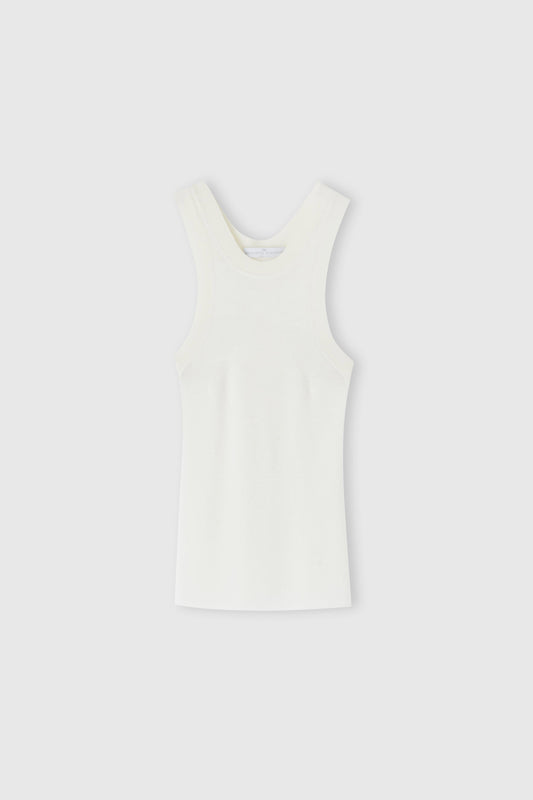 Canotta in lana merino con scollo halter e motivo a costina fitta